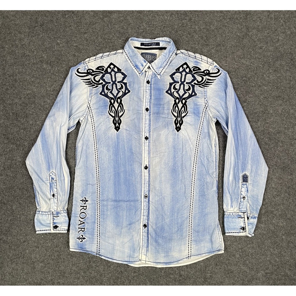 Roar Signature Button Up Shirt Mens M Blue Embroidered Y2K Stitch Long Sleeve